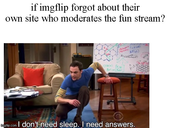 WHO |  if imgflip forgot about their own site who moderates the fun stream? | image tagged in i dont need sleep i need answers | made w/ Imgflip meme maker