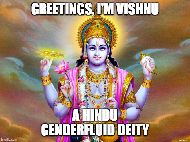 Most hindu deities were mostly about gender than sexuality xD | GREETINGS, I'M VISHNU; A HINDU
GENDERFLUID DEITY | image tagged in gender,vishnu,deities,hinduism,hindu,gender fluid | made w/ Imgflip meme maker