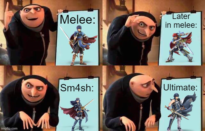 The Ultimate Character Design | Melee:; Later in melee:; Sm4sh:; Ultimate: | image tagged in memes,gru's plan | made w/ Imgflip meme maker