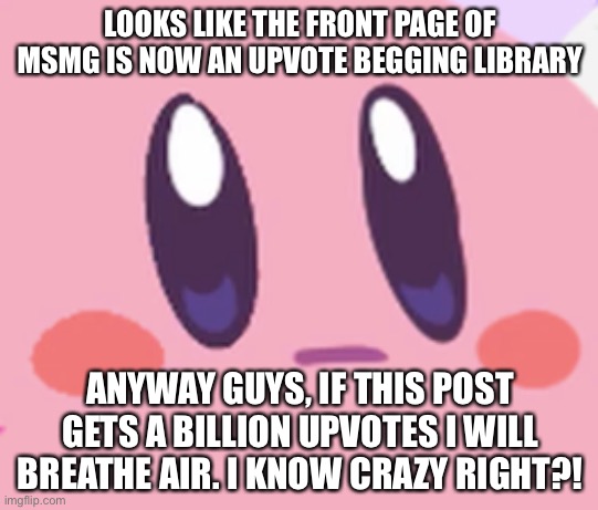 Blank Kirby Face | LOOKS LIKE THE FRONT PAGE OF MSMG IS NOW AN UPVOTE BEGGING LIBRARY; ANYWAY GUYS, IF THIS POST GETS A BILLION UPVOTES I WILL BREATHE AIR. I KNOW CRAZY RIGHT?! | image tagged in blank kirby face | made w/ Imgflip meme maker