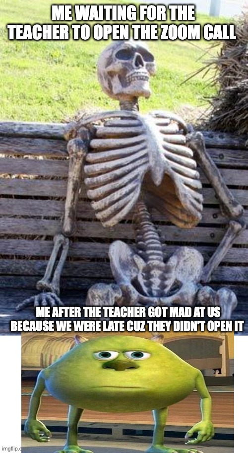 online school be like | ME WAITING FOR THE TEACHER TO OPEN THE ZOOM CALL; ME AFTER THE TEACHER GOT MAD AT US BECAUSE WE WERE LATE CUZ THEY DIDN'T OPEN IT | image tagged in memes,waiting skeleton,bruh | made w/ Imgflip meme maker