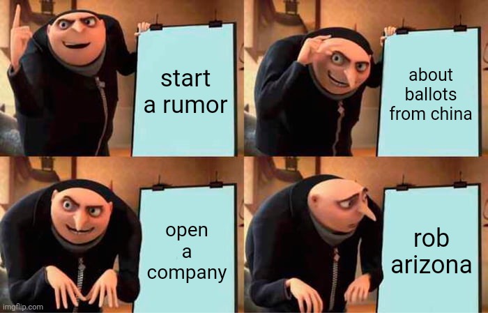revenge of florida man | start a rumor; about ballots from china; open a company; rob arizona | image tagged in memes,gru's plan | made w/ Imgflip meme maker