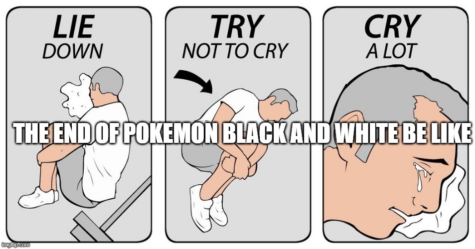sadness | THE END OF POKEMON BLACK AND WHITE BE LIKE | image tagged in try not to cry | made w/ Imgflip meme maker