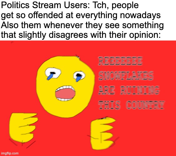 Politics Stream Users: Tch, people get so offended at everything nowadays
Also them whenever they see something that slightly disagrees with their opinion: | made w/ Imgflip meme maker