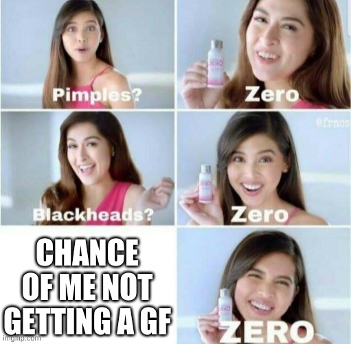Pimples, Zero! | CHANCE OF ME NOT GETTING A GF | image tagged in pimples zero | made w/ Imgflip meme maker