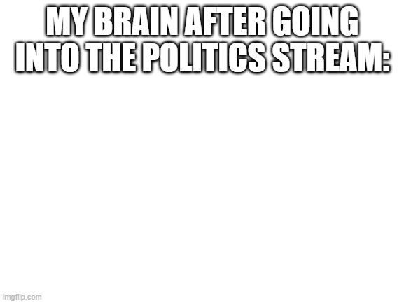 Can't find it? Perhaps the politics stream has shrunken it to a subatomic level. | MY BRAIN AFTER GOING INTO THE POLITICS STREAM: | image tagged in politics stream,memes,barney will eat all of your delectable biscuits,politics stream is garb | made w/ Imgflip meme maker