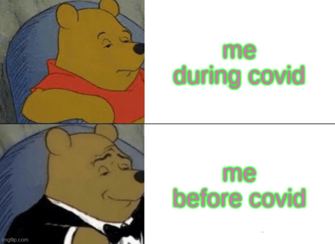 covid | me during covid; me before covid | image tagged in memes,tuxedo winnie the pooh | made w/ Imgflip meme maker