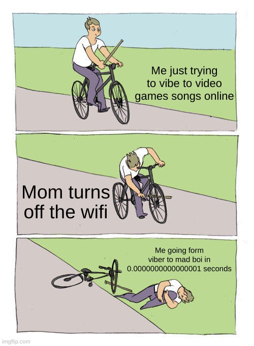 Mom, why | Me just trying to vibe to video games songs online; Mom turns off the wifi; Me going form viber to mad boi in 0.0000000000000001 seconds | image tagged in memes,bike fall | made w/ Imgflip meme maker