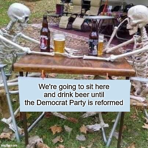 We're going to sit here and drink beer until X | We're going to sit here and drink beer until the Democrat Party is reformed | image tagged in we're going to sit here and drink beer until x,beer,democratic party | made w/ Imgflip meme maker