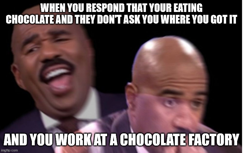 The doggie did not drop this chocolate | WHEN YOU RESPOND THAT YOUR EATING CHOCOLATE AND THEY DON'T ASK YOU WHERE YOU GOT IT; AND YOU WORK AT A CHOCOLATE FACTORY | image tagged in conflicted steve harvey | made w/ Imgflip meme maker