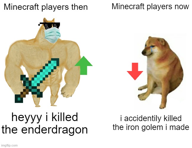 everyone sucks now | Minecraft players then; Minecraft players now; heyyy i killed the enderdragon; i accidentily killed the iron golem i made | image tagged in memes,buff doge vs cheems | made w/ Imgflip meme maker