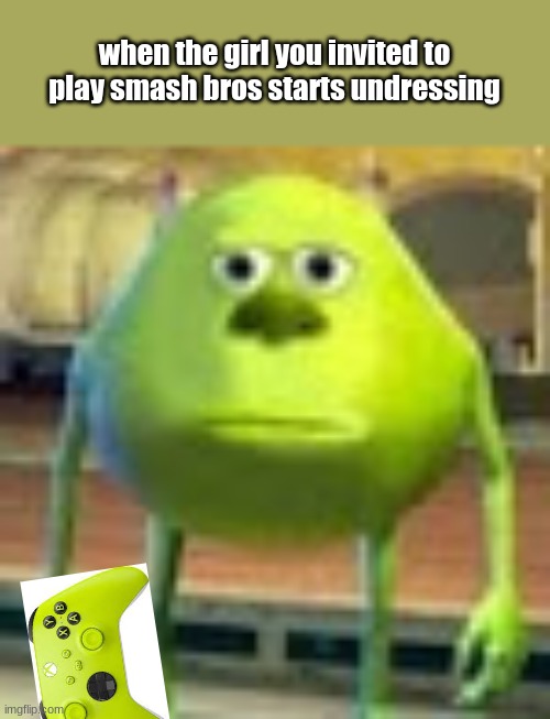 excuse me what? | when the girl you invited to play smash bros starts undressing | image tagged in sully wazowski | made w/ Imgflip meme maker