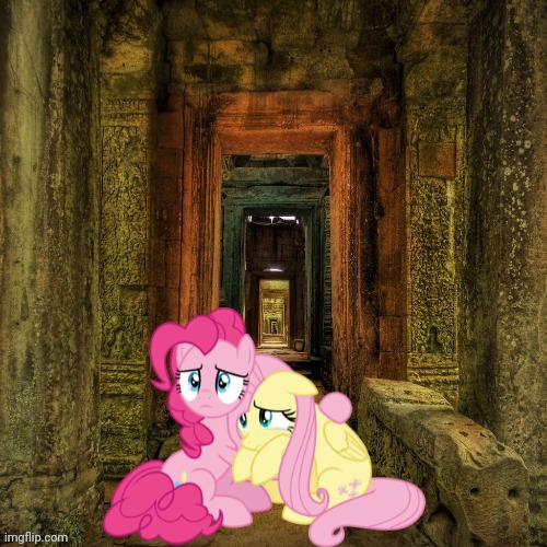 Uh oh. | image tagged in my little pony friendship is magic,fluttershy,pinkie pie,stuck,repost | made w/ Imgflip meme maker