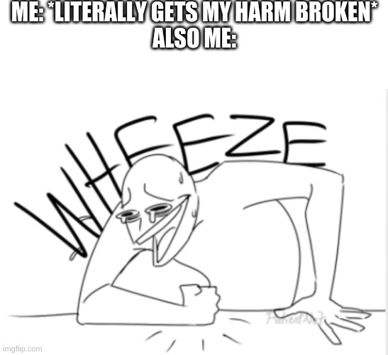 ME: *LITERALLY GETS MY HARM BROKEN*
ALSO ME: | image tagged in memes,blank transparent square,wheeze | made w/ Imgflip meme maker