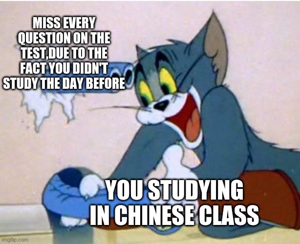 Chinese class be like. | MISS EVERY QUESTION ON THE TEST,DUE TO THE FACT YOU DIDN'T STUDY THE DAY BEFORE; YOU STUDYING IN CHINESE CLASS | image tagged in tom and jerry | made w/ Imgflip meme maker