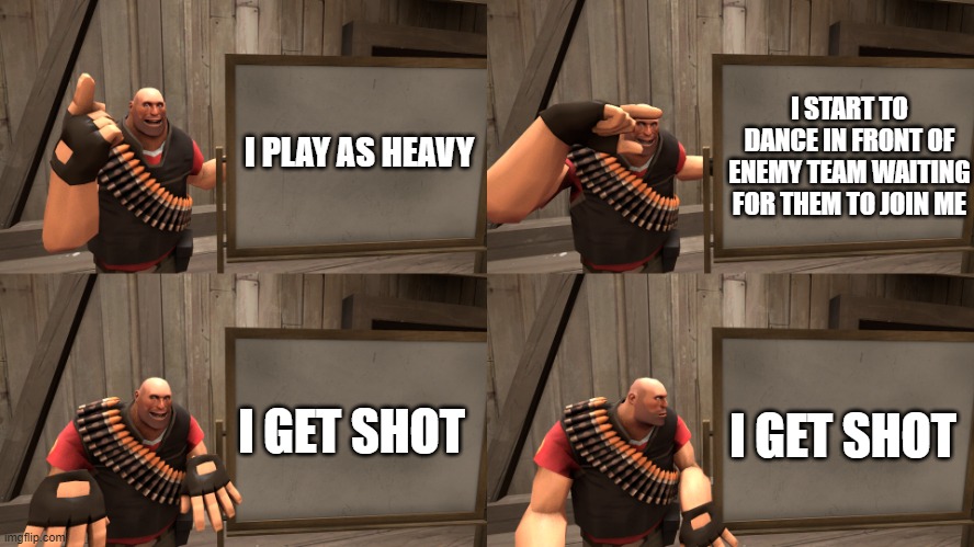 yes | I START TO DANCE IN FRONT OF ENEMY TEAM WAITING FOR THEM TO JOIN ME; I PLAY AS HEAVY; I GET SHOT; I GET SHOT | image tagged in gru's plan tf2 heavy version | made w/ Imgflip meme maker