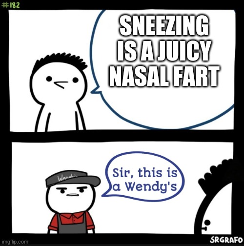 Sir this is a wendys | SNEEZING IS A JUICY NASAL FART | image tagged in sir this is a wendys | made w/ Imgflip meme maker