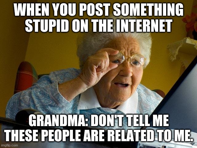 Grandma Finds The Internet Meme | WHEN YOU POST SOMETHING STUPID ON THE INTERNET; GRANDMA: DON'T TELL ME THESE PEOPLE ARE RELATED TO ME. | image tagged in memes,grandma finds the internet | made w/ Imgflip meme maker