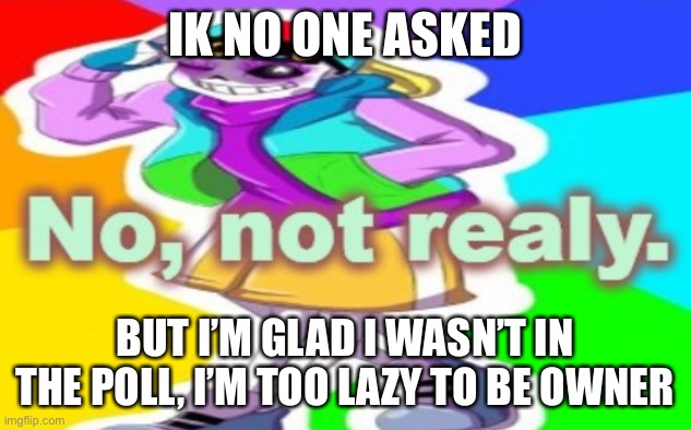 No, Not Realy | IK NO ONE ASKED; BUT I’M GLAD I WASN’T IN THE POLL, I’M TOO LAZY TO BE OWNER | image tagged in no not realy | made w/ Imgflip meme maker