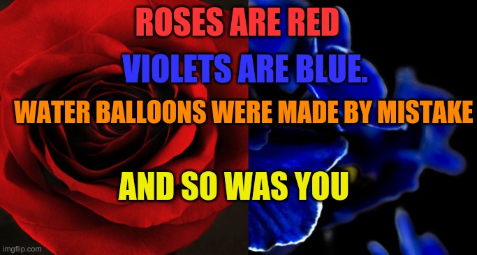 Roses are Red, Violets are Blue. | ROSES ARE RED; VIOLETS ARE BLUE. WATER BALLOONS WERE MADE BY MISTAKE; AND SO WAS YOU | image tagged in roses are red violets are blue | made w/ Imgflip meme maker