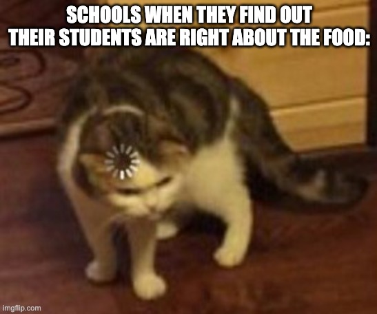 Loading cat | SCHOOLS WHEN THEY FIND OUT THEIR STUDENTS ARE RIGHT ABOUT THE FOOD: | image tagged in loading cat | made w/ Imgflip meme maker