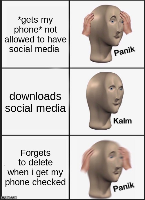My life | *gets my phone* not allowed to have social media; downloads social media; Forgets to delete when i get my phone checked | image tagged in memes,panik kalm panik | made w/ Imgflip meme maker