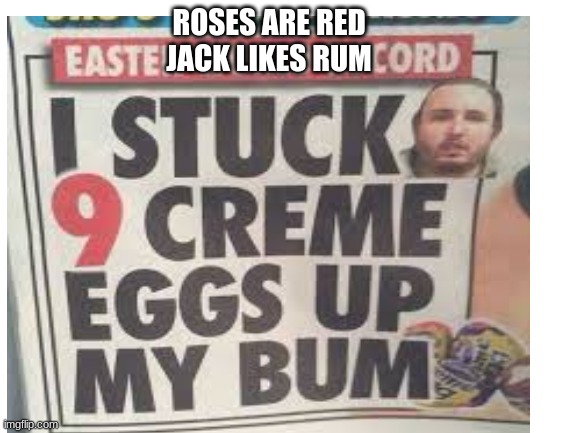 ROSES ARE RED
JACK LIKES RUM | image tagged in funny,roses are red,memes | made w/ Imgflip meme maker