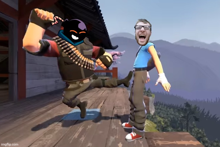 Whitty kicks Oscar Ferguson (Zender Man) into the sky | image tagged in heavy kicks scout into the sky,whitty,oscar ferguson,zender man,friday night funkin,memes | made w/ Imgflip meme maker