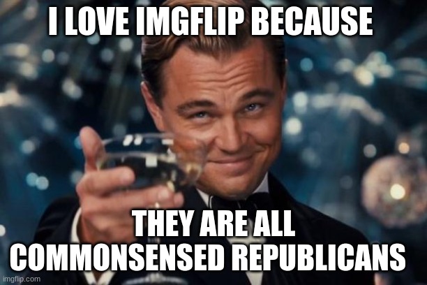 Leonardo Dicaprio Cheers Meme | I LOVE IMGFLIP BECAUSE; THEY ARE ALL COMMONSENSED REPUBLICANS | image tagged in memes,leonardo dicaprio cheers | made w/ Imgflip meme maker