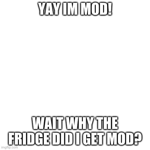 Blank Transparent Square | YAY IM MOD! WAIT WHY THE FRIDGE DID I GET MOD? | image tagged in memes,blank transparent square | made w/ Imgflip meme maker