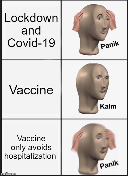 Covid-19 Vaccine | Lockdown and Covid-19; Vaccine; Vaccine only avoids hospitalization | image tagged in memes,panik kalm panik | made w/ Imgflip meme maker