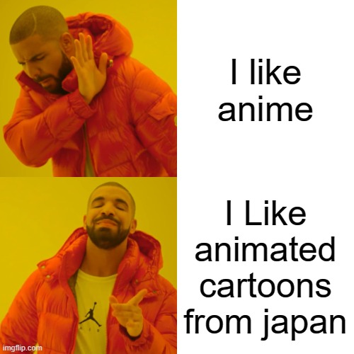 ANIME SMART ASSES BE LIKE | I like anime; I Like animated cartoons from japan | image tagged in memes,drake hotline bling | made w/ Imgflip meme maker
