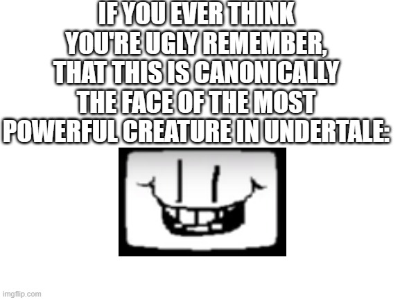 Blank White Template | IF YOU EVER THINK YOU'RE UGLY REMEMBER, THAT THIS IS CANONICALLY THE FACE OF THE MOST POWERFUL CREATURE IN UNDERTALE: | image tagged in blank white template,omega flowey,flowey,undertale,derp face,derp | made w/ Imgflip meme maker
