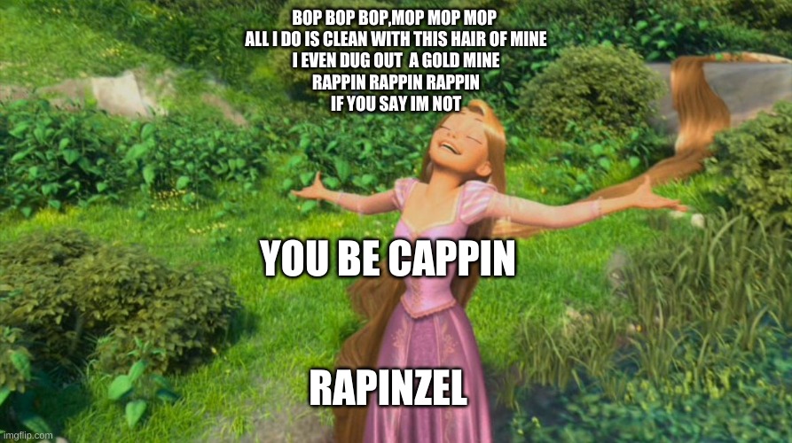 Rapunzel Tangled | BOP BOP BOP,MOP MOP MOP 
ALL I DO IS CLEAN WITH THIS HAIR OF MINE
I EVEN DUG OUT  A GOLD MINE
RAPPIN RAPPIN RAPPIN
IF YOU SAY IM NOT; YOU BE CAPPIN; RAPINZEL | image tagged in rapunzel tangled | made w/ Imgflip meme maker
