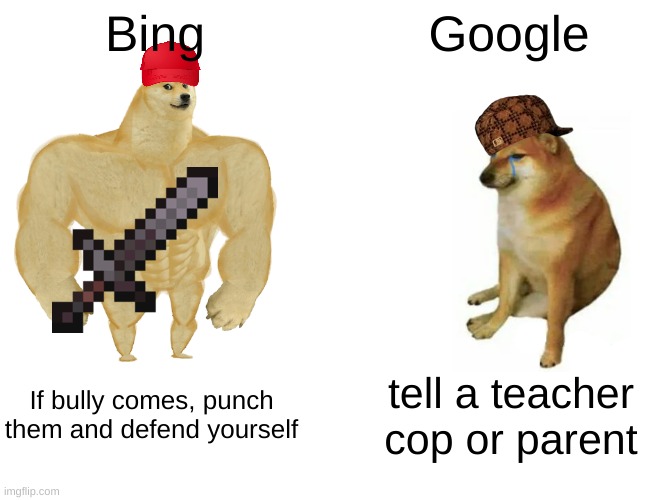 bing, the true tutorial of self defence | Bing; Google; If bully comes, punch them and defend yourself; tell a teacher cop or parent | image tagged in memes,buff doge vs cheems | made w/ Imgflip meme maker