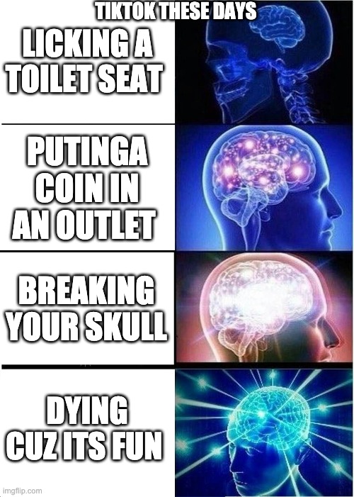 Expanding Brain | TIKTOK THESE DAYS; LICKING A TOILET SEAT; PUTINGA COIN IN AN OUTLET; BREAKING YOUR SKULL; DYING CUZ ITS FUN | image tagged in memes,expanding brain | made w/ Imgflip meme maker