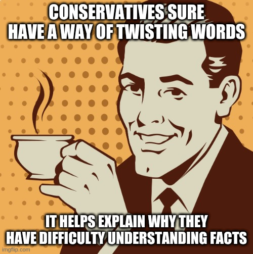 Who made the pursuit of truth the purpose of political debates? | CONSERVATIVES SURE HAVE A WAY OF TWISTING WORDS; IT HELPS EXPLAIN WHY THEY HAVE DIFFICULTY UNDERSTANDING FACTS | image tagged in mug approval,political meme | made w/ Imgflip meme maker