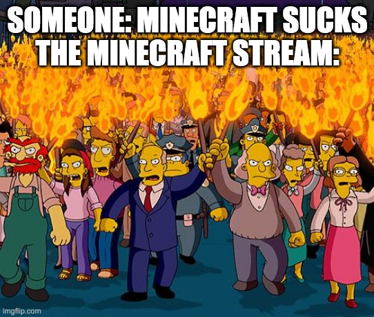 angry mob | SOMEONE: MINECRAFT SUCKS
THE MINECRAFT STREAM: | image tagged in angry mob | made w/ Imgflip meme maker