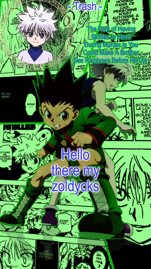 Gon And Killua Temp :D | Hello there my zoldycks | image tagged in gon and killua temp d | made w/ Imgflip meme maker