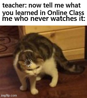 Loading... | teacher: now tell me what you learned in Online Class; me who never watches it: | image tagged in loading cat,middle school | made w/ Imgflip meme maker