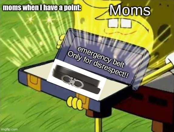 i mean they just cant handle the truth | moms when i have a point:; Moms; emergency belt
Only for disrespect!! | image tagged in spongebob box,moms,beating,belt spanking,fun | made w/ Imgflip meme maker