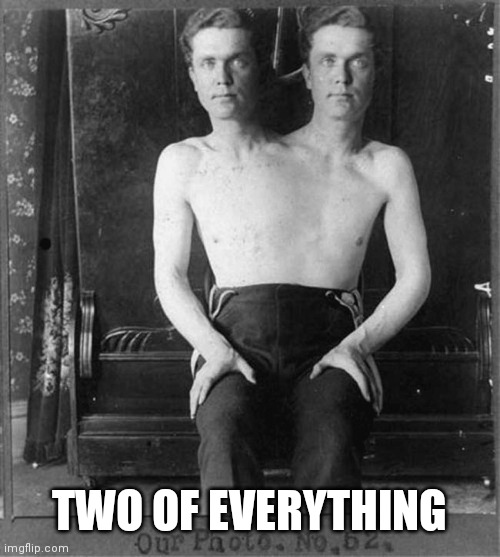 Two headed man | TWO OF EVERYTHING | image tagged in two headed man | made w/ Imgflip meme maker