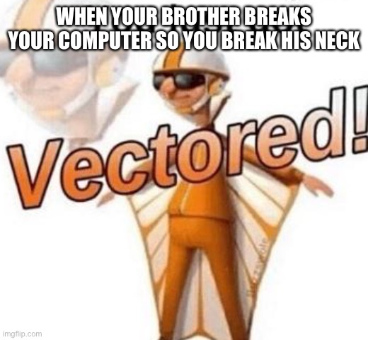 No more neck | WHEN YOUR BROTHER BREAKS YOUR COMPUTER SO YOU BREAK HIS NECK | image tagged in you just got vectored,brothers | made w/ Imgflip meme maker