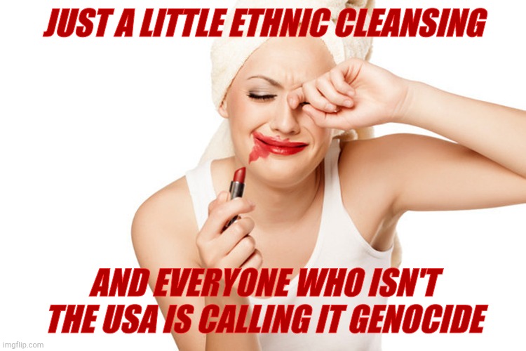 First World Problems Lipstick and WipeTears | JUST A LITTLE ETHNIC CLEANSING AND EVERYONE WHO ISN'T THE USA IS CALLING IT GENOCIDE | image tagged in first world problems | made w/ Imgflip meme maker