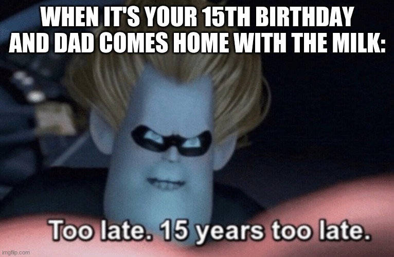 Too Late | WHEN IT'S YOUR 15TH BIRTHDAY AND DAD COMES HOME WITH THE MILK: | image tagged in too late | made w/ Imgflip meme maker