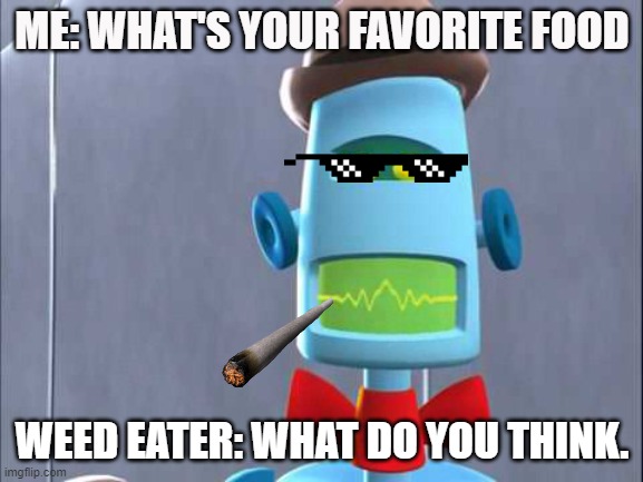 weed eater lol | ME: WHAT'S YOUR FAVORITE FOOD; WEED EATER: WHAT DO YOU THINK. | image tagged in lol | made w/ Imgflip meme maker