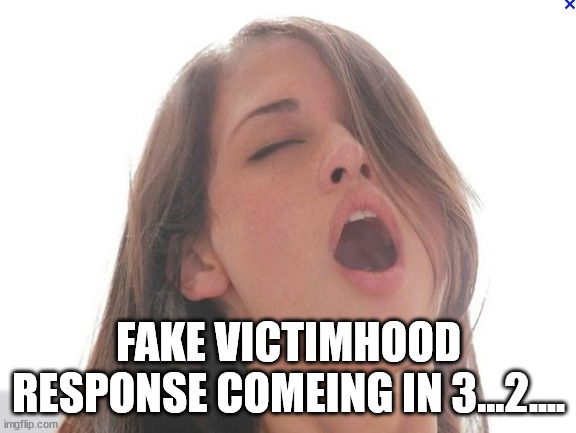 orgasm | FAKE VICTIMHOOD RESPONSE COMEING IN 3...2.... | image tagged in orgasm | made w/ Imgflip meme maker
