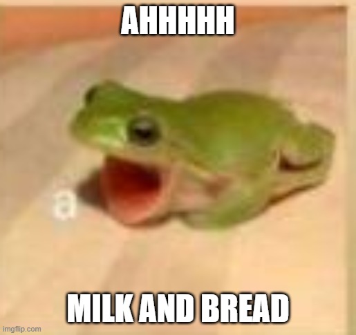 dying frog | AHHHHH; MILK AND BREAD | image tagged in dying frog,funny | made w/ Imgflip meme maker