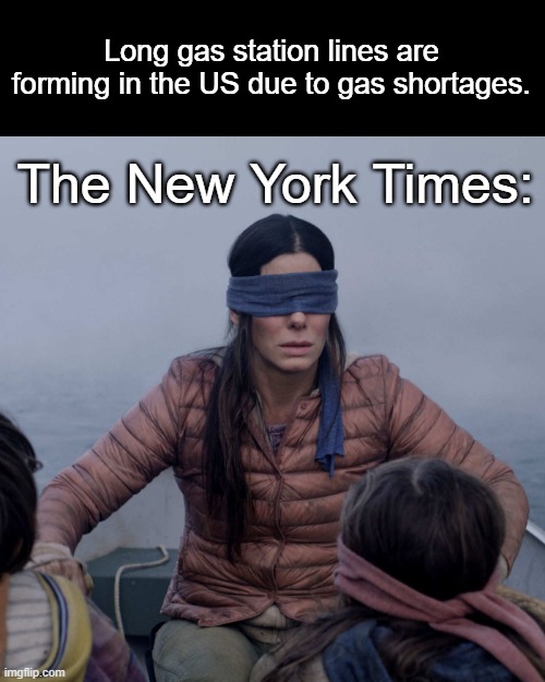 Bird Box | Long gas station lines are forming in the US due to gas shortages. The New York Times: | image tagged in memes,bird box | made w/ Imgflip meme maker