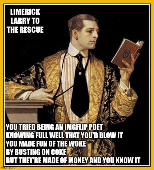 Poetry dude | LIMERICK LARRY TO THE RESCUE YOU TRIED BEING AN IMGFLIP POET
KNOWING FULL WELL THAT YOU'D BLOW IT
YOU MADE FUN OF THE WOKE
BY BUSTING ON COK | image tagged in poetry dude | made w/ Imgflip meme maker